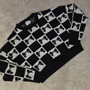 Luna & Ivy Anthropologie Bow Checkered Sweater Black  White Cropped Top  XSmall